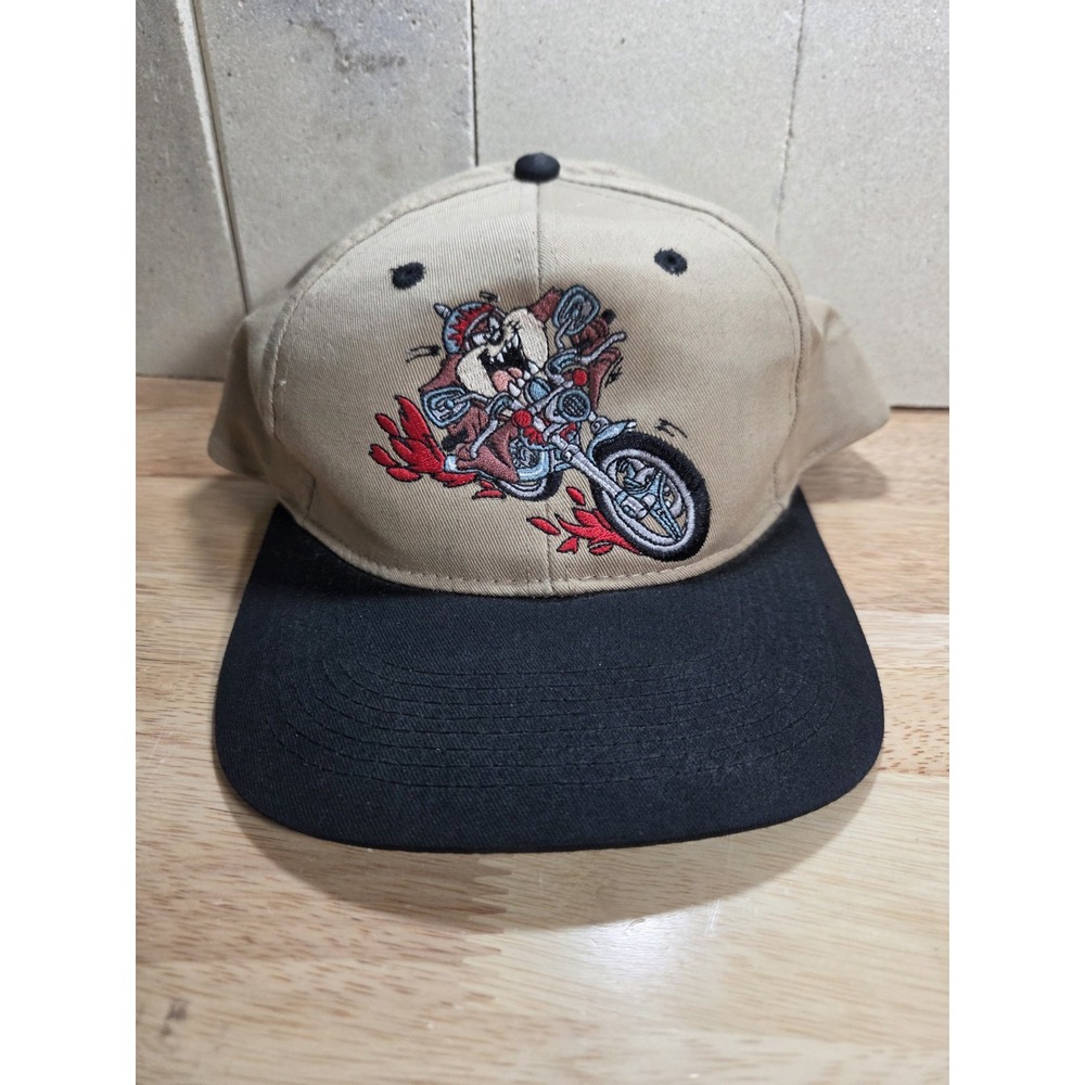 Vintage 1996 Looney Tunes Taz Motorcycle Snapback Hat Fresh Caps Tan Black